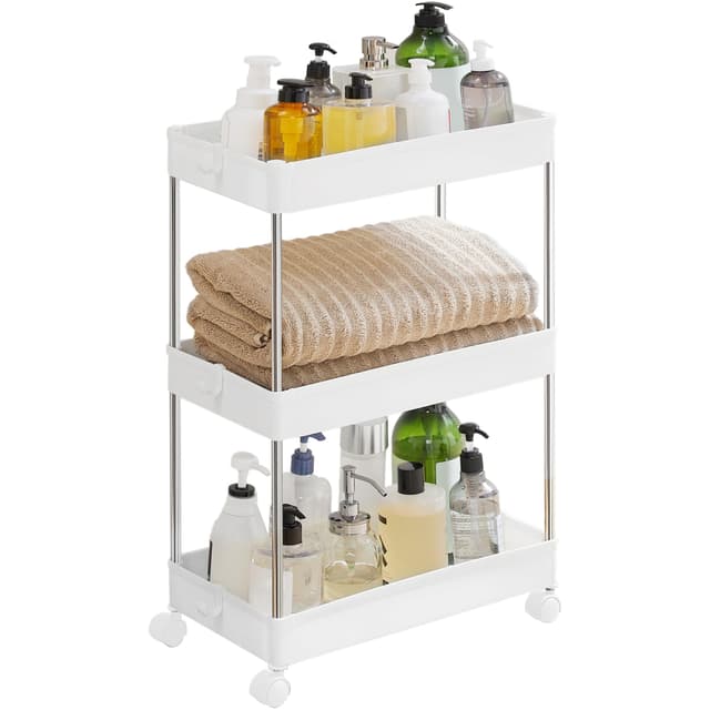 🛒🌟 SONGMICS Rollwagen: Küchenwagen mit 3 Ebenen, inkl. 6 Haken und 360° Räder, Weiß KSC009W01
