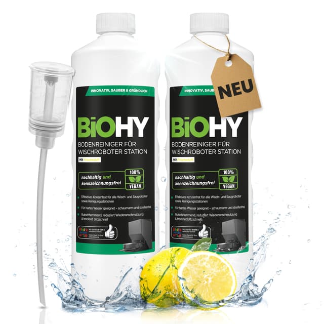BiOHY Bodenreiniger für Wischroboter | Frischeduft | 2 x 1 Liter + Dosierer | Reinigungskonzentrat