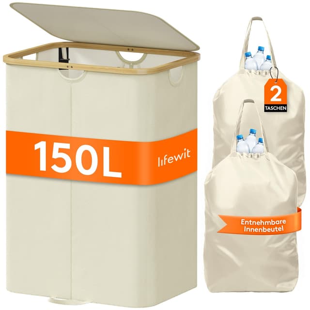 Lifewit 150L Pfandflaschen Sammelbehälter mit 2 Fächern und Deckel 🌿🌍