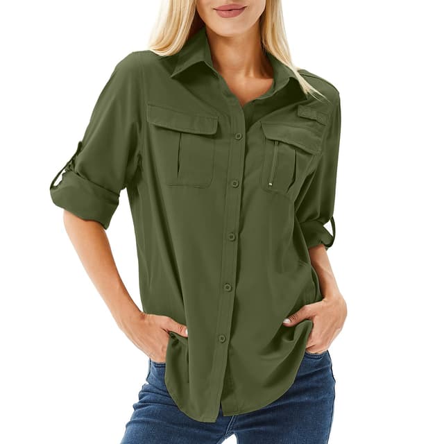 yeyity Hemdbluse Damen UPF 50 UV Schutz Langarmshirt Damen Outdoor Wanderhemd Safari Kleidung Damen Amy Grün 5071 🌿🌞