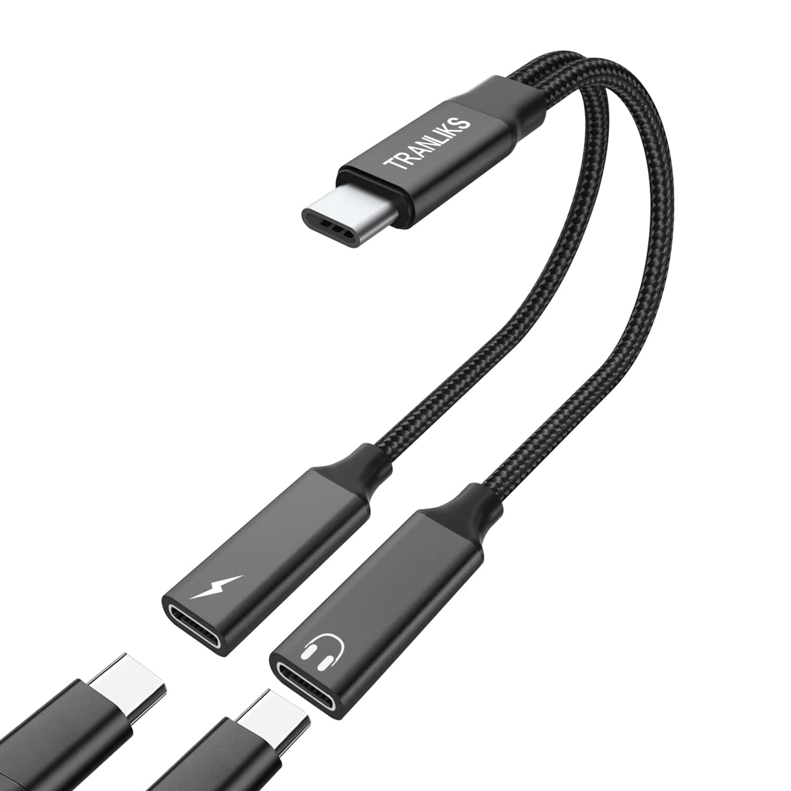TRANLIKS USB C Splitter - 2 in 1 Adapter mit PD 60W Schnellladung und Kopfhörer 🎵 Schwarz