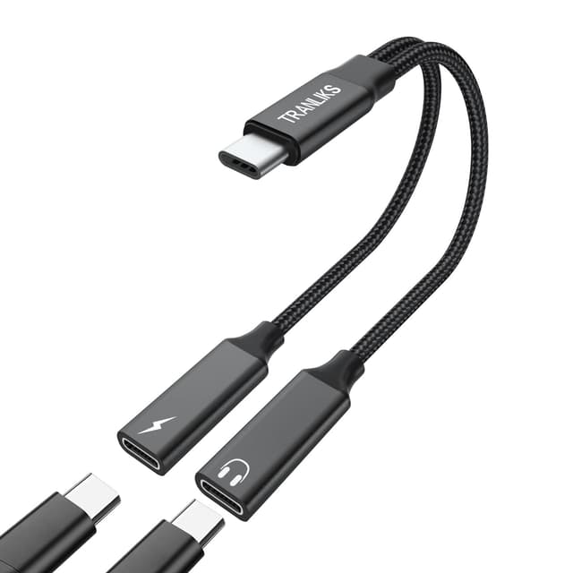 TRANLIKS USB C Splitter - 2 in 1 Adapter mit PD 60W Schnellladung und Kopfhörer 🎵 Schwarz