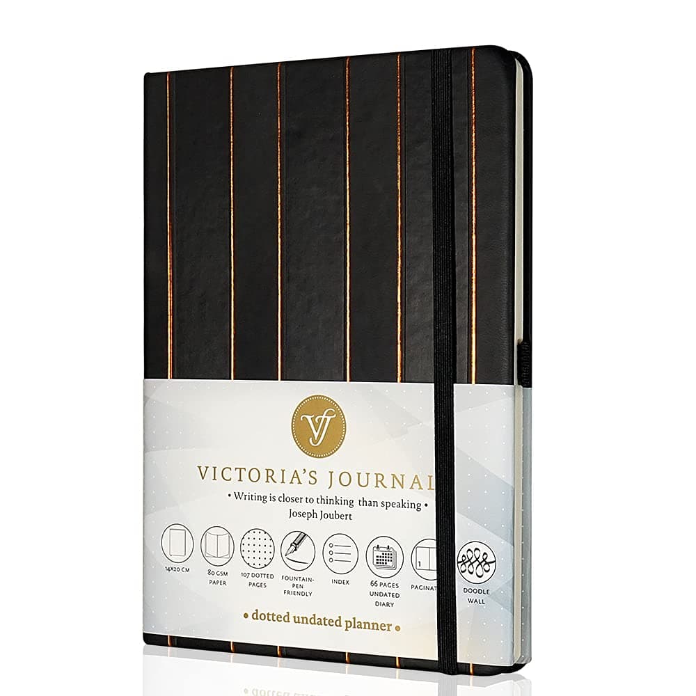 VICTORIA'S JOURNALS Notizbuch mit Punkten, undatierter Planer, Sofia Hardcover, Vintage, A5, Schwarz