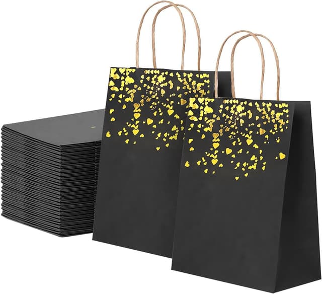15 Stück Geschenktüten Klein Schwarz Gold mit Herzmustern 🎁🛍️