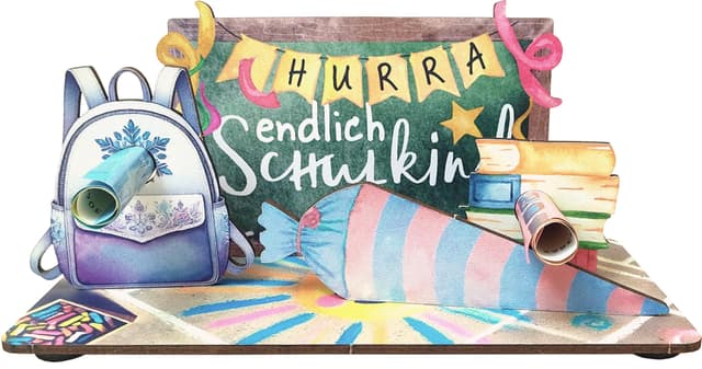 Einschulung Mädchen Geschenk - Hurra - Schuldkind 3D-Holzkarte 💌🎁📝🥳