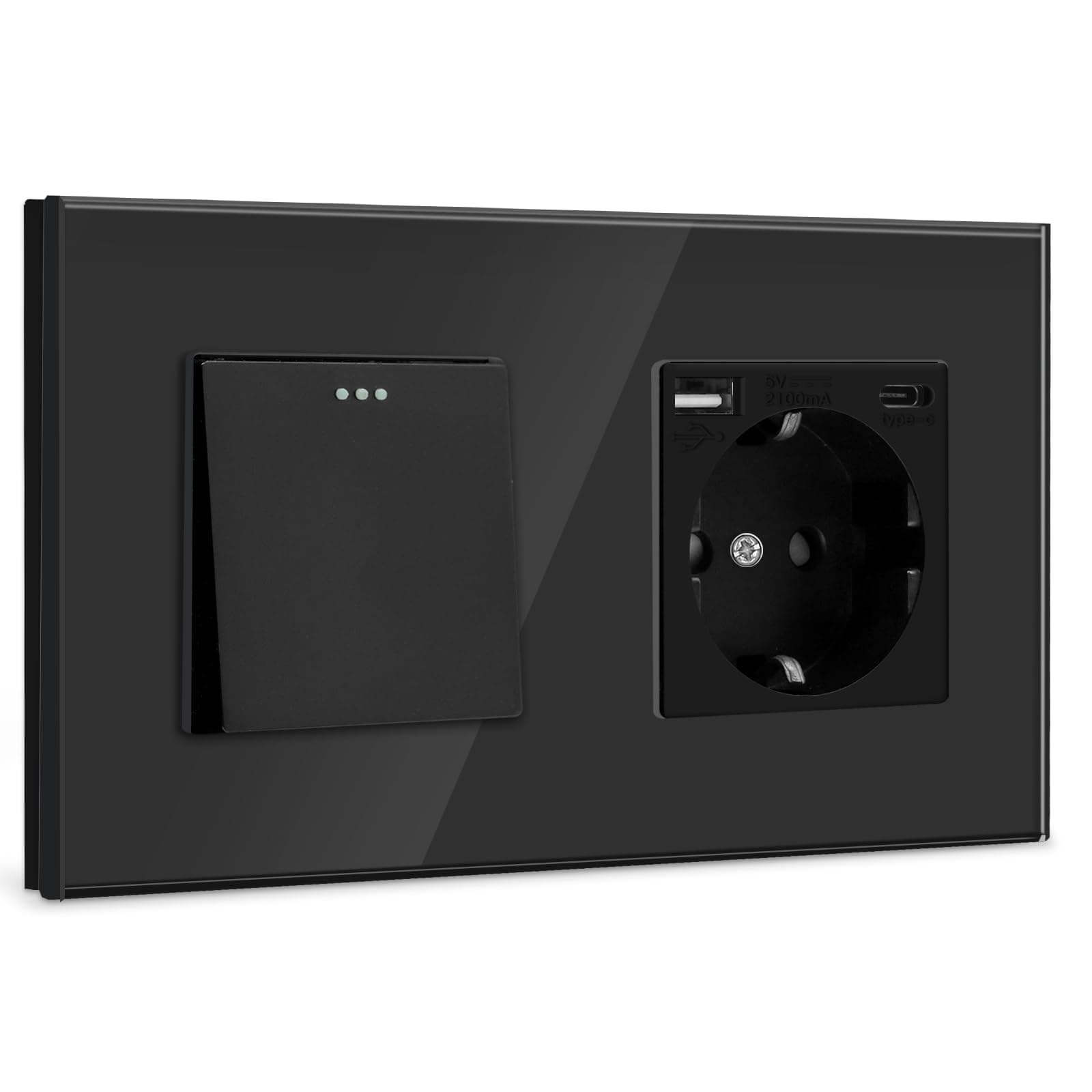 BSEED Lichtschalter mit Steckdose 1 Fach 1 Weg Schwarz 🌟 Unterputz Wandschalter mit USB-Anschluss