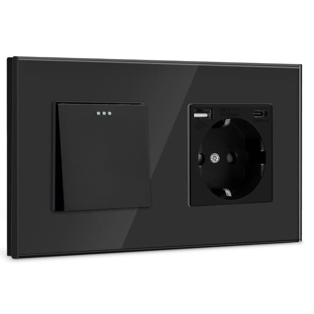 BSEED Lichtschalter mit Steckdose 1 Fach 1 Weg Schwarz 🌟 Unterputz Wandschalter mit USB-Anschluss