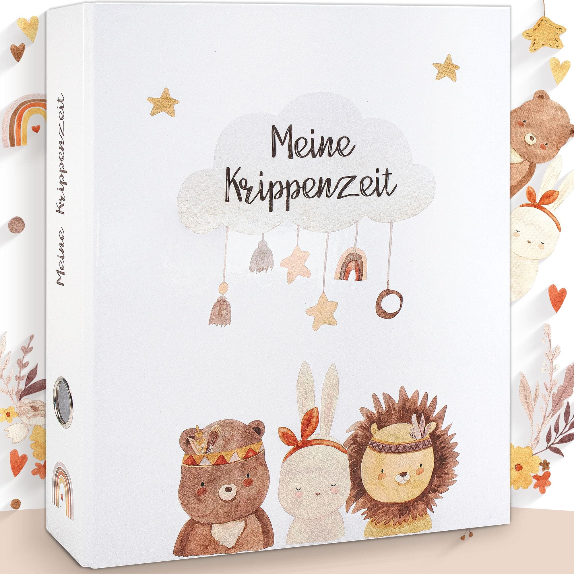 OLGS Sammelordner Meine Krippenzeit | Erinnerungsordner, Kindergartenordner Boho Bär, Hase, Löwe | Ordner für Kinder Geschenk, Kindergartenzeit, Sammelmappe, Kindergarten, Ringordner DIN A4 - Indianer 🐻🐰🦁