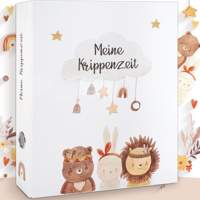 OLGS Sammelordner Meine Krippenzeit | Erinnerungsordner, Kindergartenordner Boho Bär, Hase, Löwe | Ordner für Kinder Geschenk, Kindergartenzeit, Sammelmappe, Kindergarten, Ringordner DIN A4 - Indianer 🐻🐰🦁