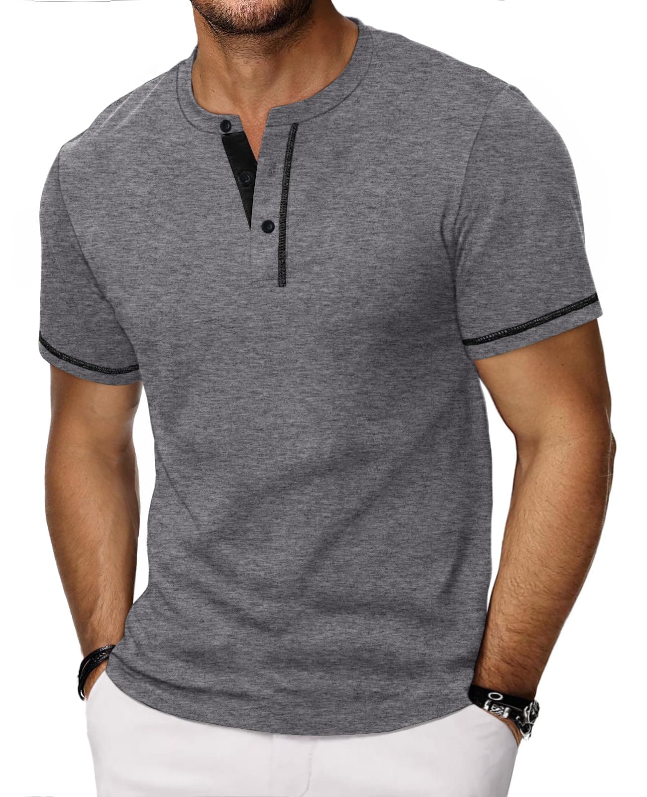HMIYA Henley Kurzarm T-Shirts für Herren 🌟 Sommerhemd aus Baumwolle 🌈 Color-Blocking-Ärmeln 🎨