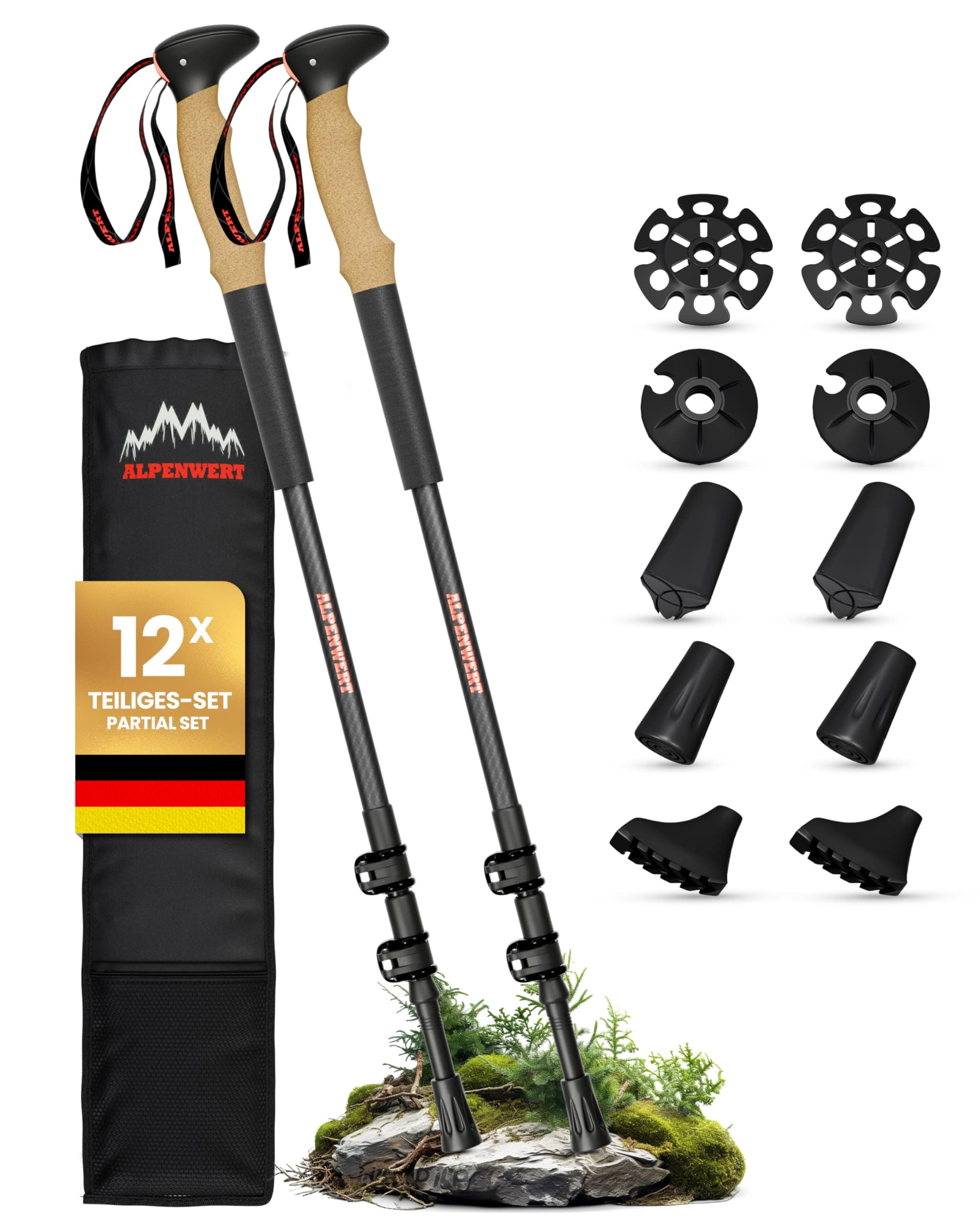 ALPENWERT Wanderstöcke - Carbon oder Aluminium - Teleskop Trekkingstöcke für Damen und Herren