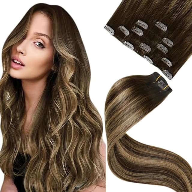 LaaVoo Extensions Echthaar Clip in Braun Remy Balayage Clip in Echthaar Extensions 🌟 Günstig Ombre Dunkelbraun mit Erdbeerblond Remy Clips Haarverlängerung Glatt