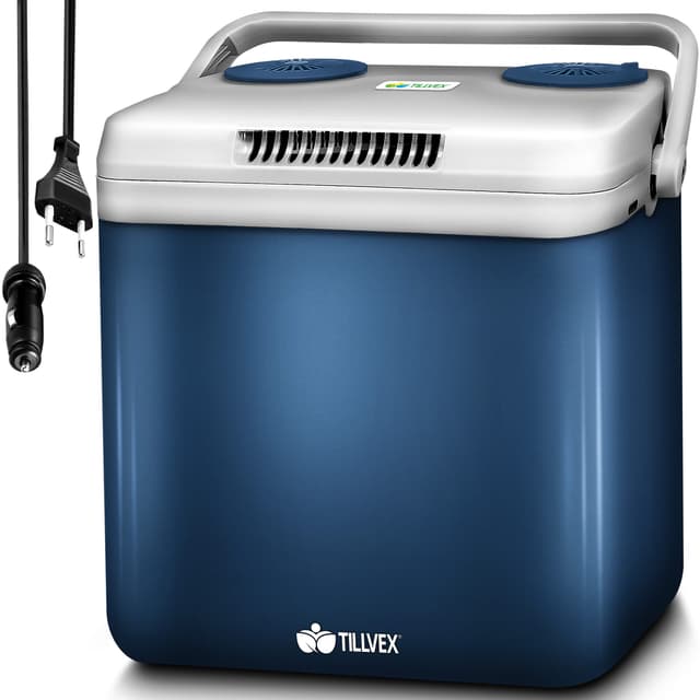🌞 Tillvex Kühlbox elektrisch 32L | Mini-Kühlschrank 230V und 12V für KFZ Auto Camping | Kühlt & Wärmt | ECO-Modus Blau 🚗🏕️
