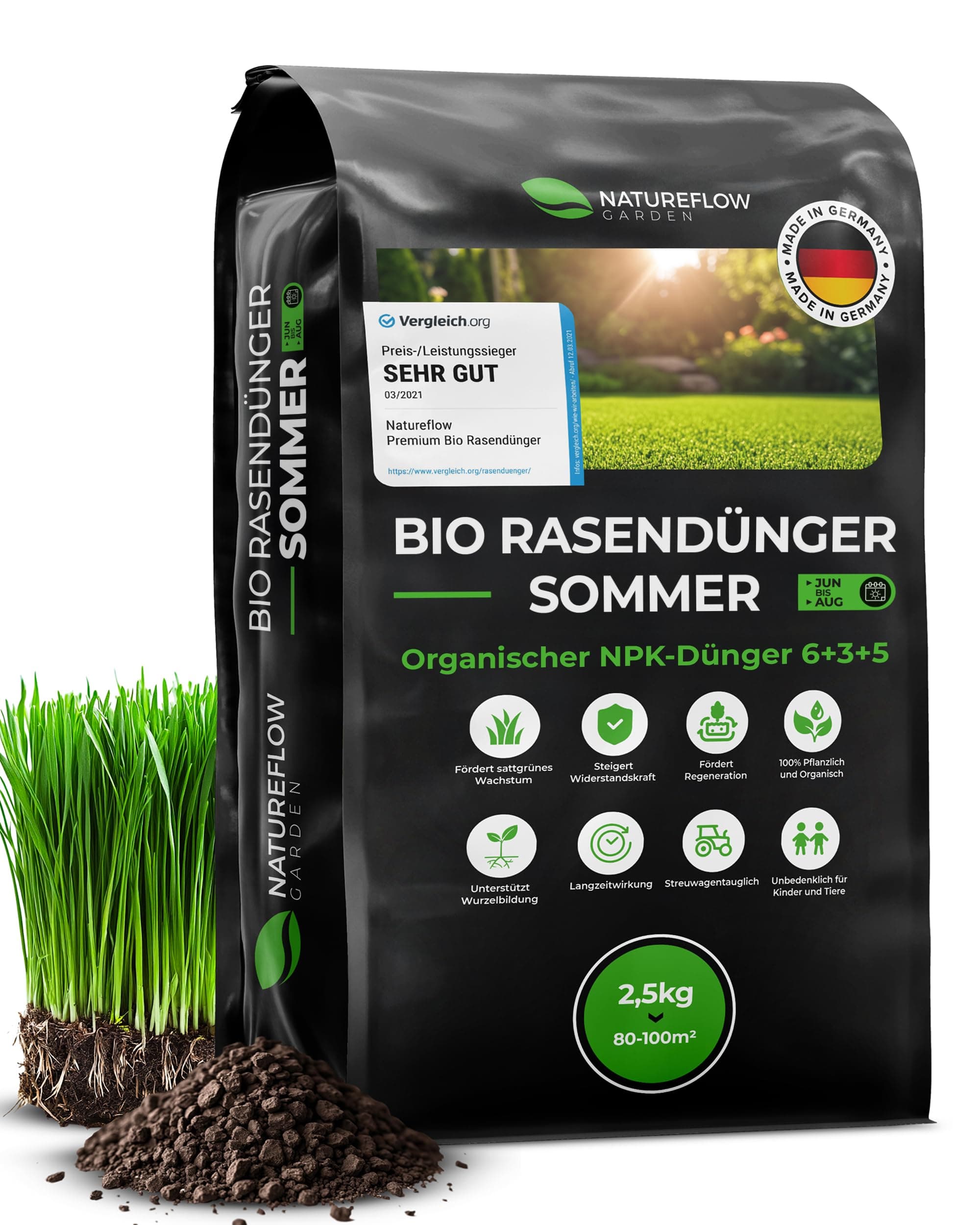 Bio Rasendünger Sommer TESTSIEGER Made in Germany – 2,5kg für 100qm