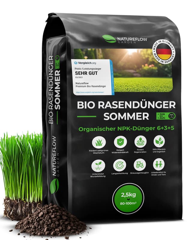 Bio Rasendünger Sommer TESTSIEGER Made in Germany – 2,5kg für 100qm