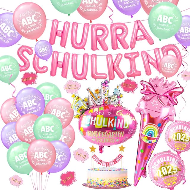 iZoeL SCHULKIND Deko Einschulung Deko Mädchen | HURRA SCHULKIND Girlande 2025 Folienballon Zuckertüte Folienballon SCHULKIND Folienballon 15 Luftballon 16 Konfetti Schulanfang Schuleinführung Deko Hellrosa