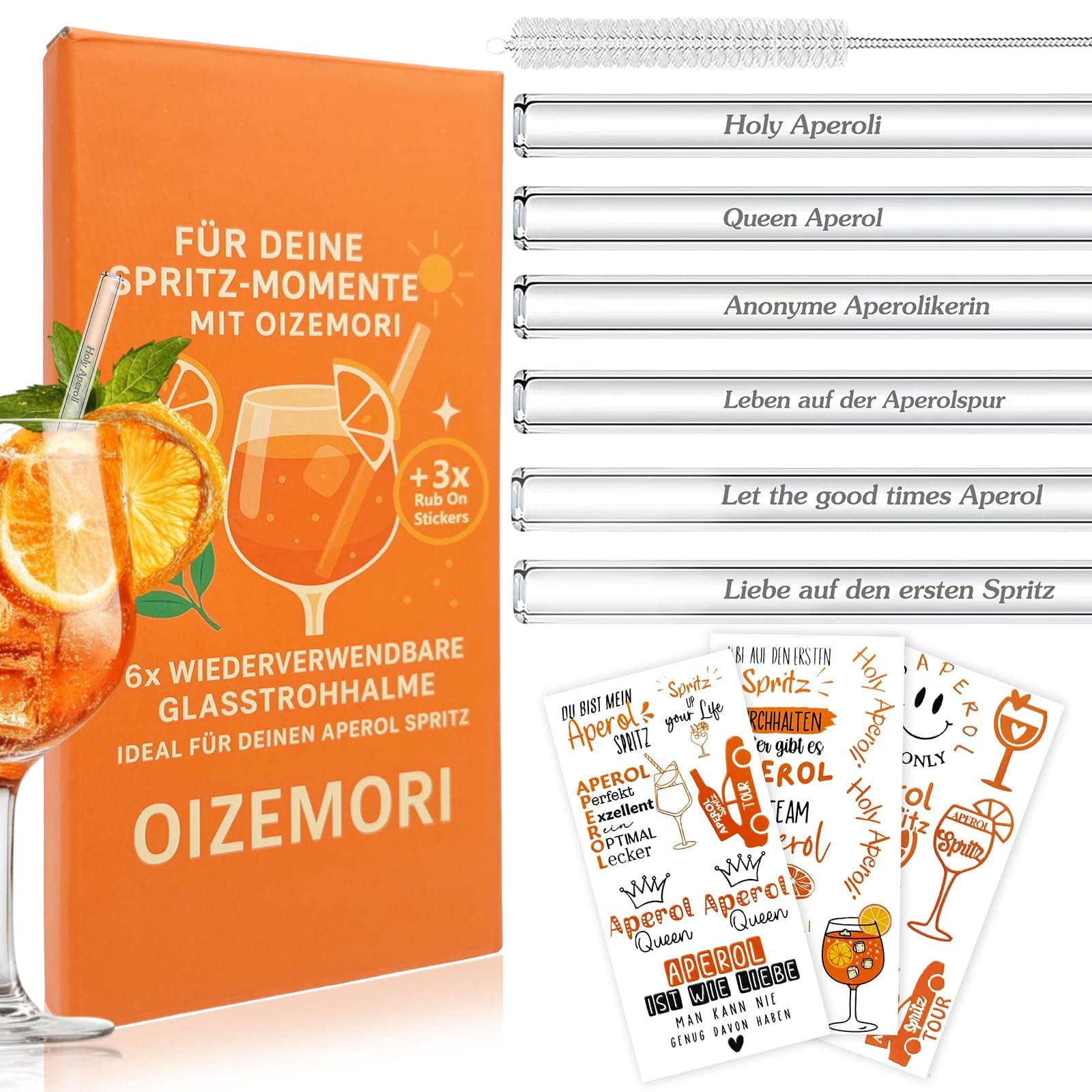 🥂🎁 6 Stück 20cm Glasstrohhalme Aperol Spritz Geschenkset 🎉🍹
