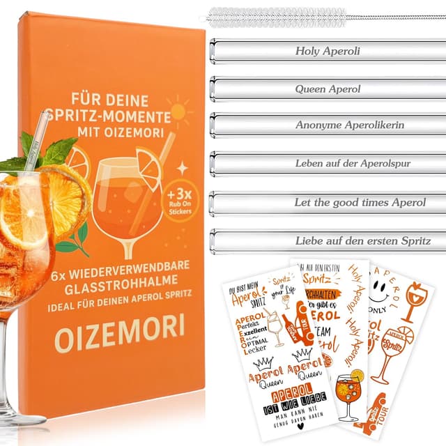 🥂🎁 6 Stück 20cm Glasstrohhalme Aperol Spritz Geschenkset 🎉🍹