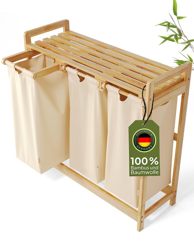 🧺 AMBIAVO® Wäschekorb 3 Fächer Beige – Wäschesammler mit Ablage, 90L 🌿