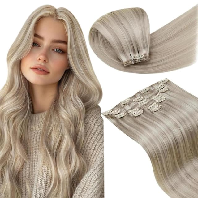 LaaVoo Clip in Echthaar Extensions Blond Aschblond Highlight Gebleichtes Blond Remy Haarverlängerung