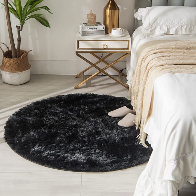 CHOSHOME Teppich Rund Wohnzimmer Hochflor Waschbar Shaggy 80CM Schwarz 80Round