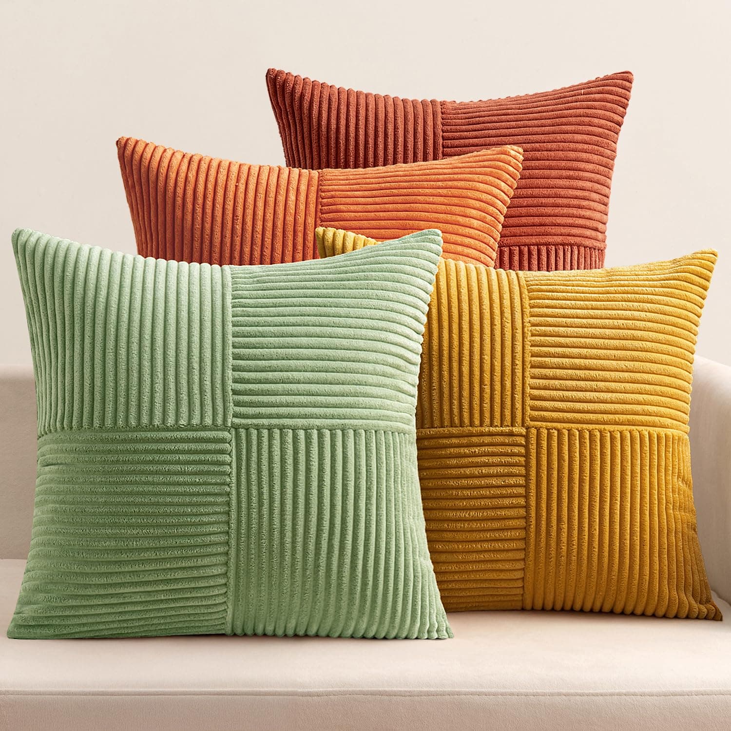 EMEMA Kissenbezug Kordsamt 4er Set Patchwork Kissenhülle 45x45 cm 🧡💚