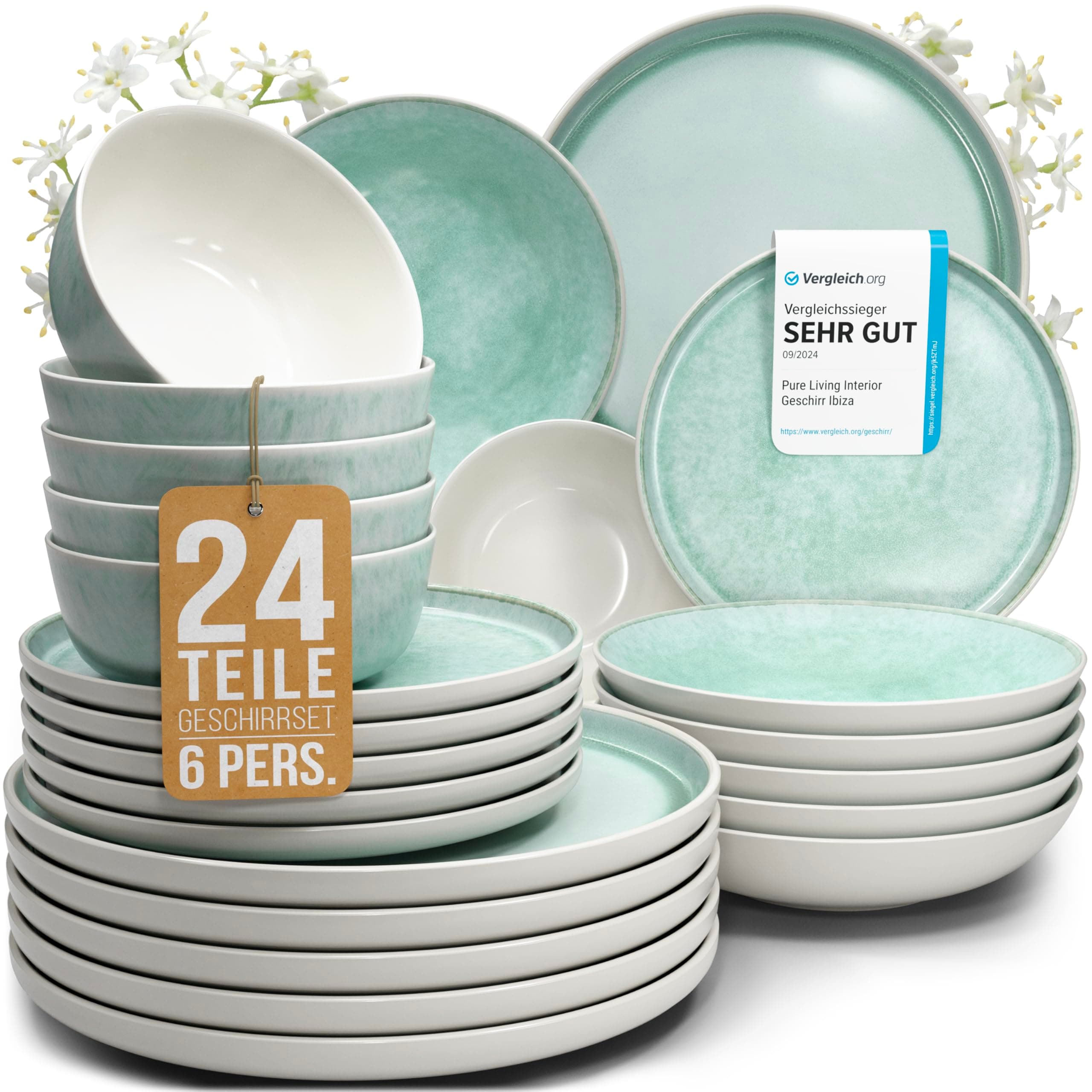 Steingut Geschirrset 6 Personen Ibiza 24 tlg. TESTSIEGER 🌟 Hochwertiges Mediterranes Steingut Geschirr Set