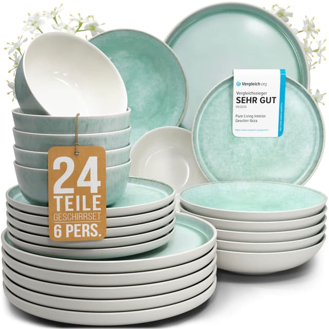 Steingut Geschirrset 6 Personen Ibiza 24 tlg. TESTSIEGER 🌟 Hochwertiges Mediterranes Steingut Geschirr Set
