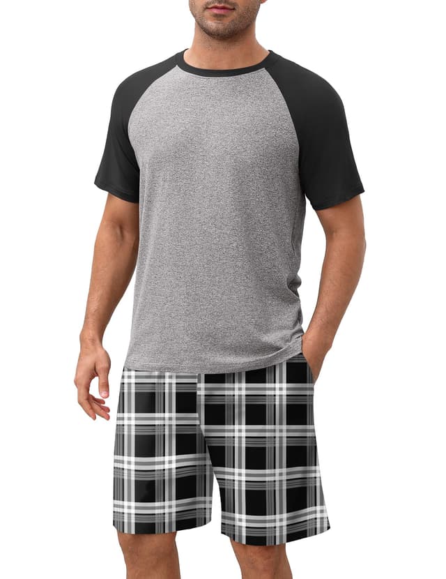 🌙 Ekouaer Herren Schlafanzug Kurz Pyjama Sommer Zweiteilige Pyjamas mit Kurzarm und Schlafanzughose für Männer, S-XXL Grau-schwarzkariert M