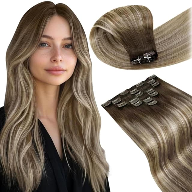 LaaVoo Ombre Clip-in Extensions Echthaar Haarverlängerung Remy Balayage Braun zu Hellbraun und Hellblond 💇‍♀️