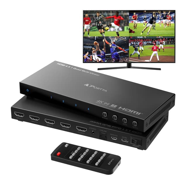 4K HDMI Multiviewer Switch 4x1 mit Pip, PORTTA Quad Multi Viewer Seamless Switcher 4 in 1 Out