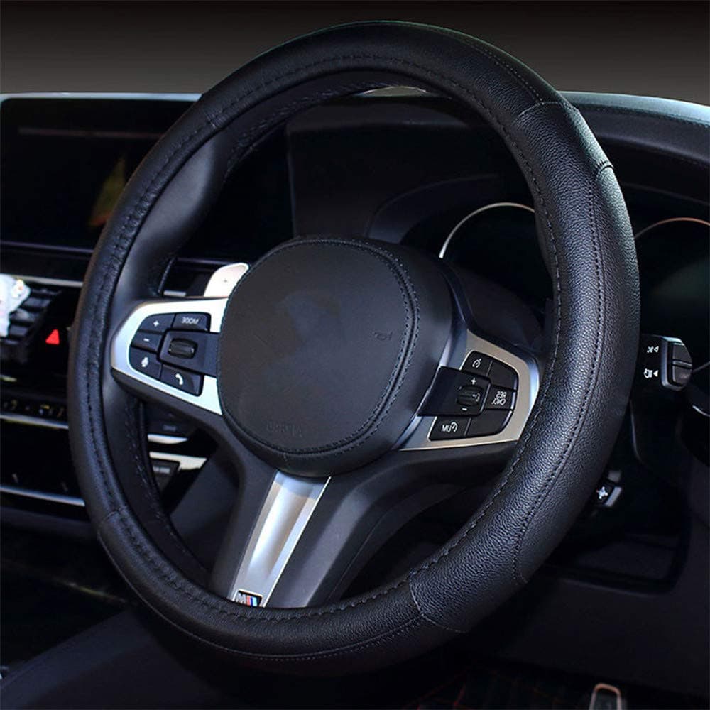 🚗🔥 Coofig Auto Lenkradbezug mit Strapazierfähigem PU-Leder, Lenkradabdeckung Universell - 38cm (15 Zoll) - Schwarz