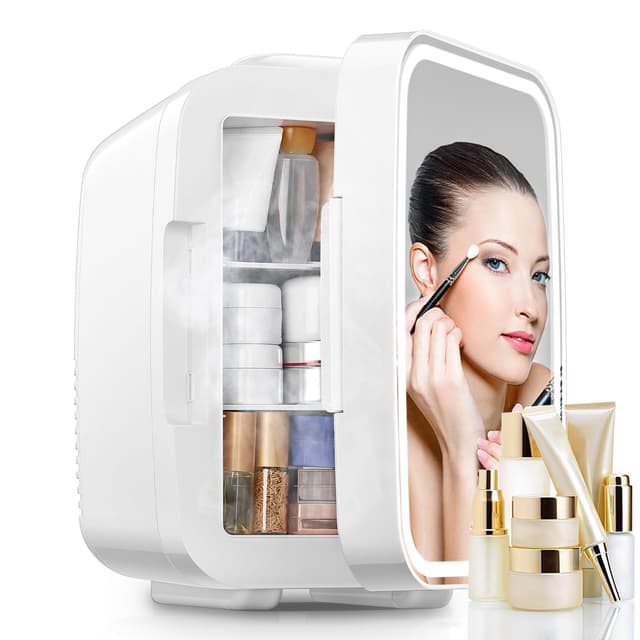 FOHERE 5L Mini Kühlschrank mit LED LICHT Spiegel, 220V AC, Getränkekühlschrank, Skincare Fridge Kühl/Heizfunktion
