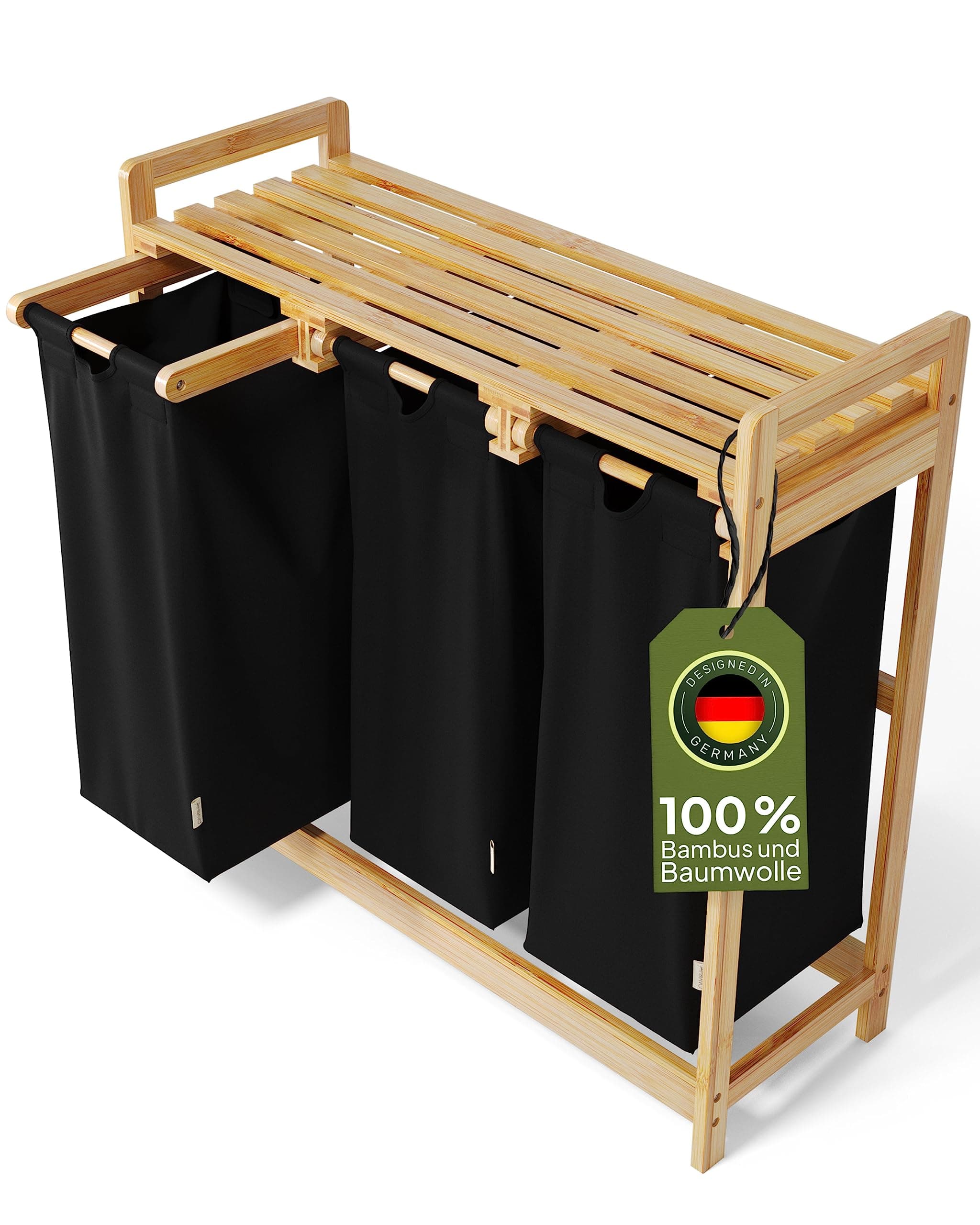 AMBIAVO® Wäschekorb 3 Fächer [schwarz, 100% Baumwolle, Bambus, 90 l Volumen] 🧺 | Wäschesammler für Schmutzwäsche