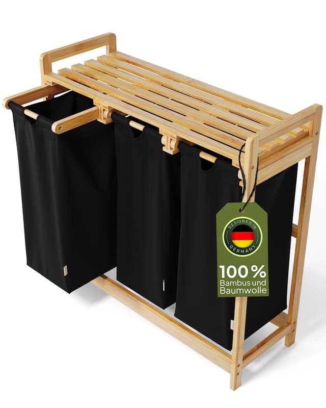 AMBIAVO® Wäschekorb 3 Fächer [schwarz, 100% Baumwolle, Bambus, 90 l Volumen] 🧺 | Wäschesammler für Schmutzwäsche