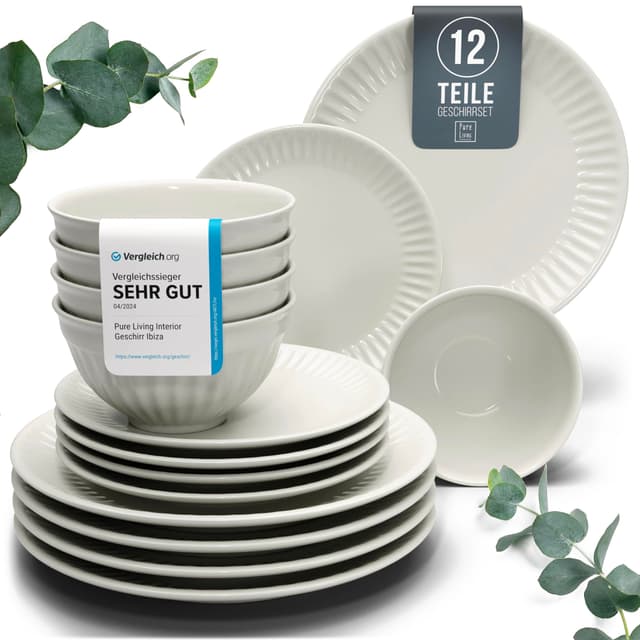 🍽️ Steingut Geschirrset 4 Personen Hygge 12 tlg. TESTSIEGER - Traumhaftes Skandinavisches Geschirr Set