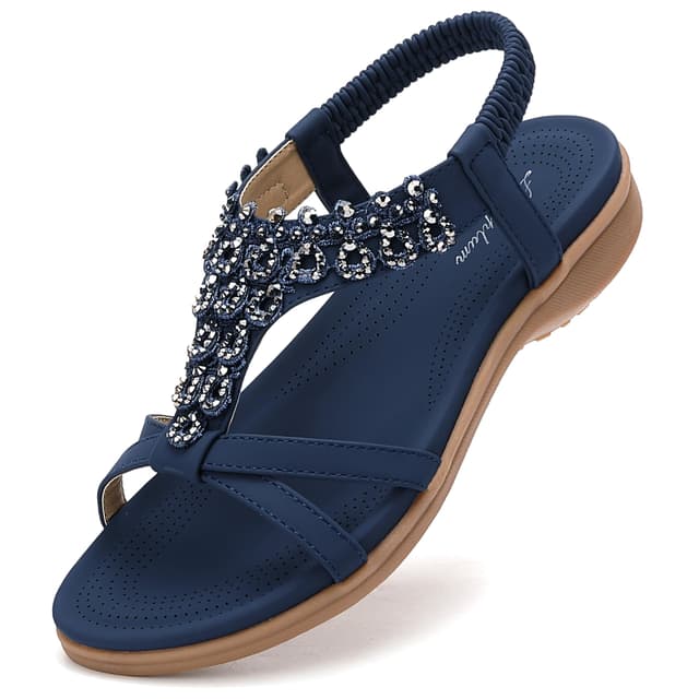 Littleplum Damen Sandalen Sommer Freizeit Flach Sandalette mit Strass Perlen Bohemia Strand Schuhe 39 EU A Blau 😍👡