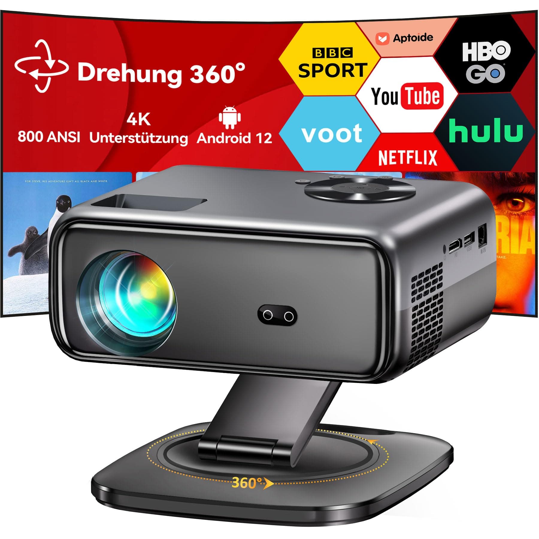 Horlat Beamer mit Android TV & 360° Drehung - 4K Unterstützung