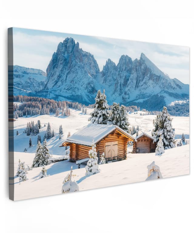 🖼️ MuchoWow© Bilder Groß 120x80 cm XXL Wohnzimmer Deko Modern Wandbild Kunstdruck auf Leinwand Bild Schlafzimmer über Bett Room Decor Geschenke Winter - Hütte - Berg - Aussicht - Schnee Winter - berg 80L x 120B cm