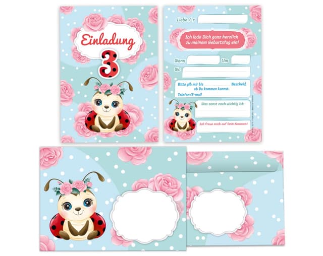 🎉 Junapack 12 Einladungskarten + 12 Umschläge 💌🐞