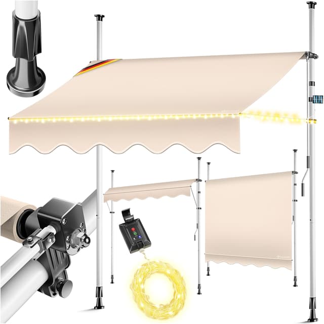 KESSER® Klemmmarkise mit Handkurbel & LED Lichterkette | Balkonmarkise ohne Bohren | Markise UV-beständig höhenverstellbar & wasserabweisend | Sonnenschutz für Balkon Terrasse & Garten 300cm 300cm - mit LED Beige 🌞🏡
