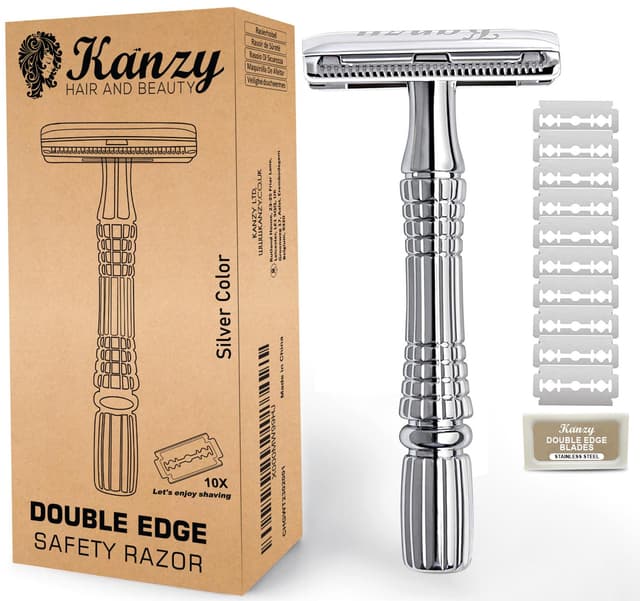 🪒🌟 Kanzy Rasierhobel Herren und Damen mit 10 Klingen Edelstahl - Safety Razor Set Silber 🌟🪒