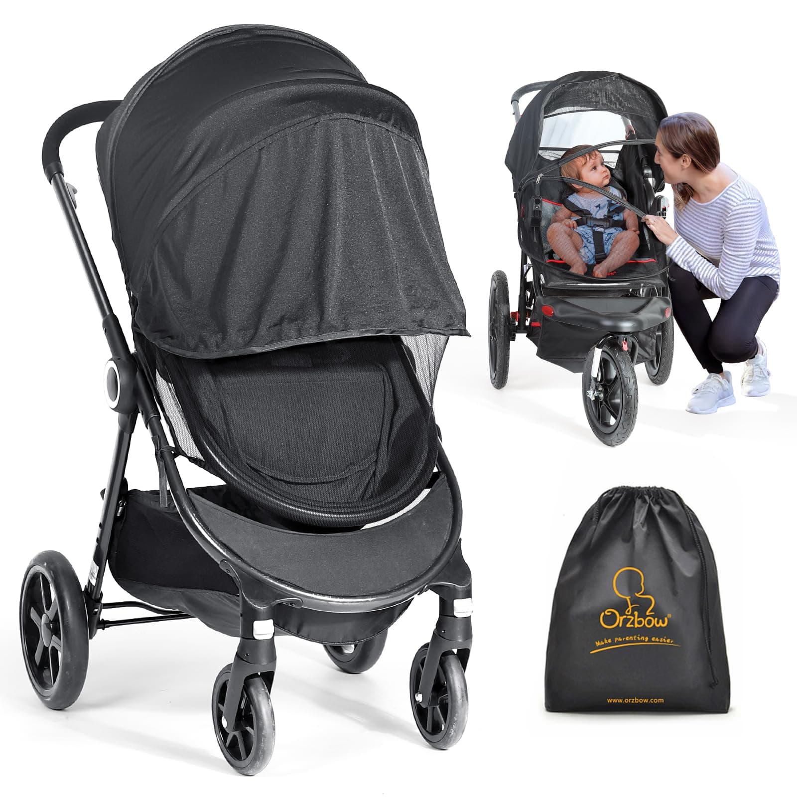 Orzbow Universal Insektenschutz mit Sonnensegel 2 in 1 für Kinderwagen & Buggy Schwarz