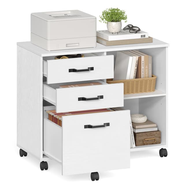 VASAGLE Rollcontainer mit 3 Schubladen und Rollen, Industrie-Design in Weiß mit Holzmaserung OFC041W46 📚🗄️🖨️