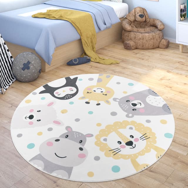 Paco Home Teppich Kinderzimmer Kinderteppich Zootiere 🦁🐼🐯 120 cm Rund Beige - Waschbar & Modern