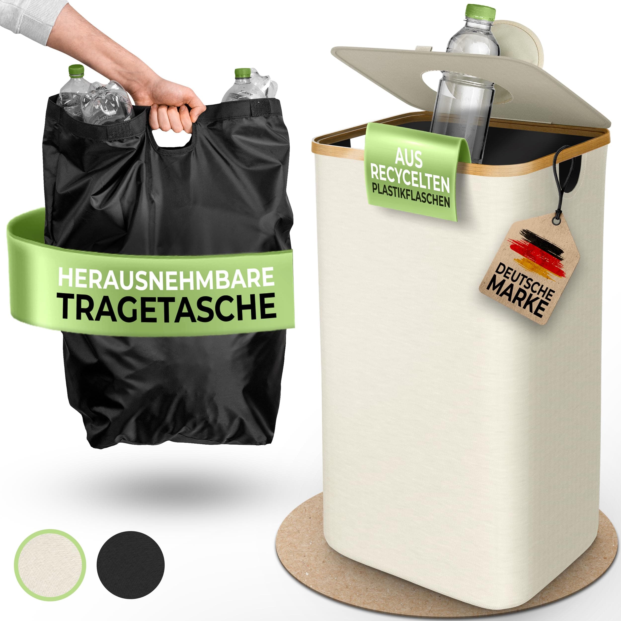Glückstoff® Pfandflaschen Sammelbehälter [inkl. XXL Tragetasche] Flaschensammler für Küche & Abstellraum | Aufbewahrung für Leergut & Altglas | Flaschentasche | Beige Beige Mit Klappdeckel, Eckig