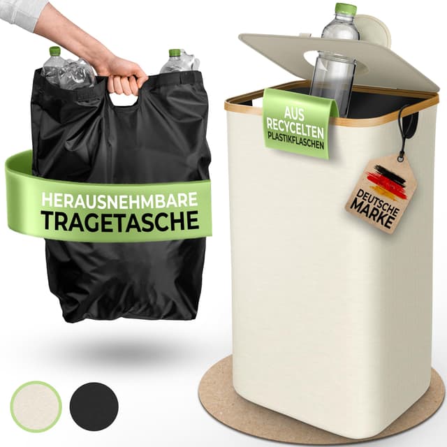 Glückstoff® Pfandflaschen Sammelbehälter [inkl. XXL Tragetasche] Flaschensammler für Küche & Abstellraum | Aufbewahrung für Leergut & Altglas | Flaschentasche | Beige Beige Mit Klappdeckel, Eckig