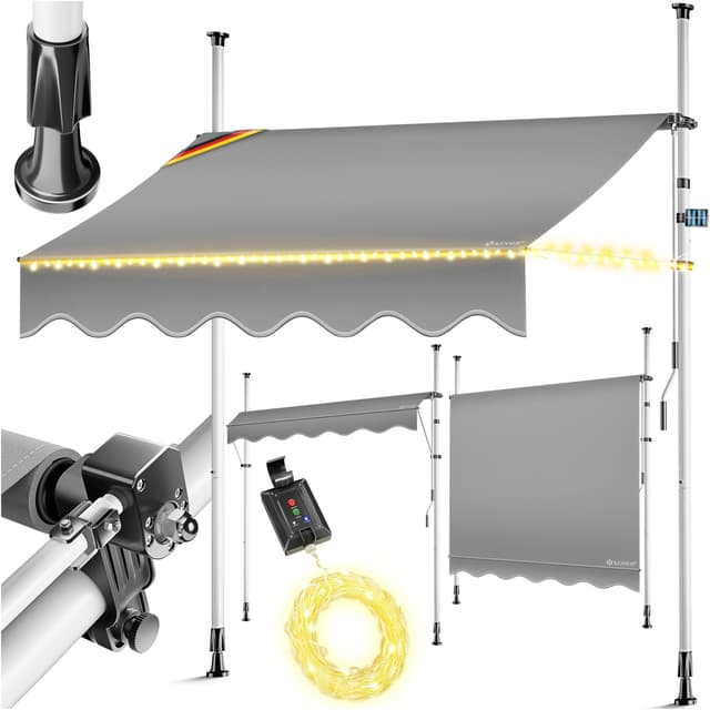 KESSER® Klemmmarkise mit Handkurbel & LED Lichterkette | Balkonmarkise ohne Bohren | Markise UV-beständig höhenverstellbar & wasserabweisend | Sonnenschutz für Balkon Terrasse & Garten 300cm 300cm - mit LED Grau