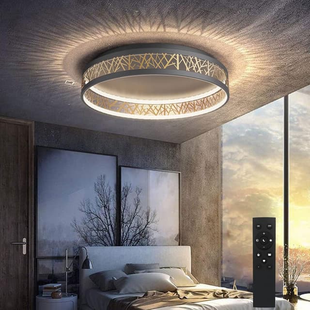 Yuanfenghua LED Deckenleuchte Mit Fernbedienung, Dimmbar Schlafzimmer Lampe, Rund Schwarz Gold Aushöhlen Design Wohnzimmer Deckenlamp Ø50×H12CM Ø50×H13CM Schwarz