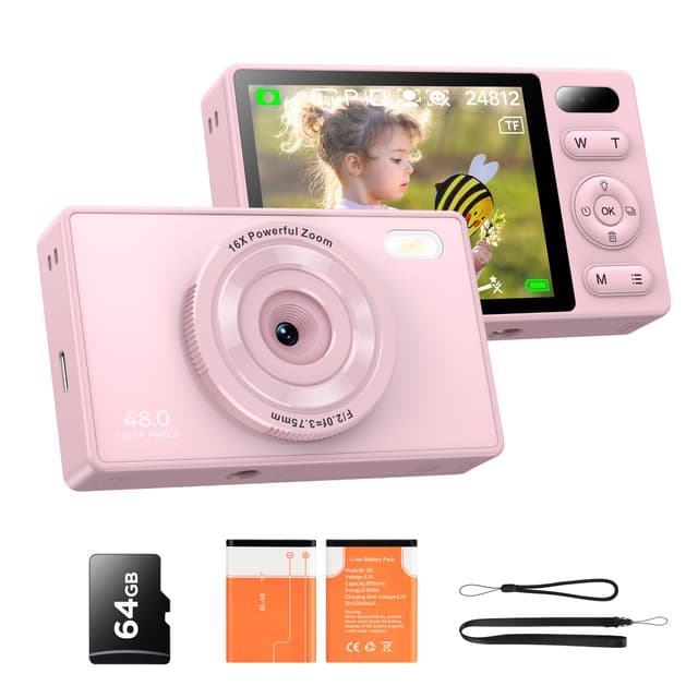 48MP Digitalkamera Kinder Fotokamera: 64GB Anti-Shake Kinderkamera Foto Vlogging Fotoapparat für YouTube 16X Digital Zoom Appareil Foto Serienaufnahme Selfie Kompaktkamera für Fotografie pink